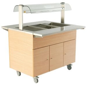Selvbetjent Buffet- og serveringsdisk Flexi, Varmeenhet m Vannbad 3GN 1125mm bøklaminat, 230v Flexy Line