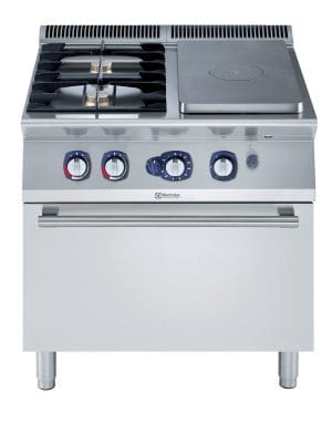 700xp Komfyr med topp i støpejern 1 sentral brenner (3,8 kW) og 2 bluss (2×5,5 kW) med gass ovn (6 kW) 800 mm 700XP serie