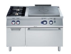 700xp Komfyr med topp i støpejern 1 sentral brenner (7 kW) og 2 bluss (2×5,5 kW) med gass ovn (6 kW) og skap 1200 mm 700XP serie