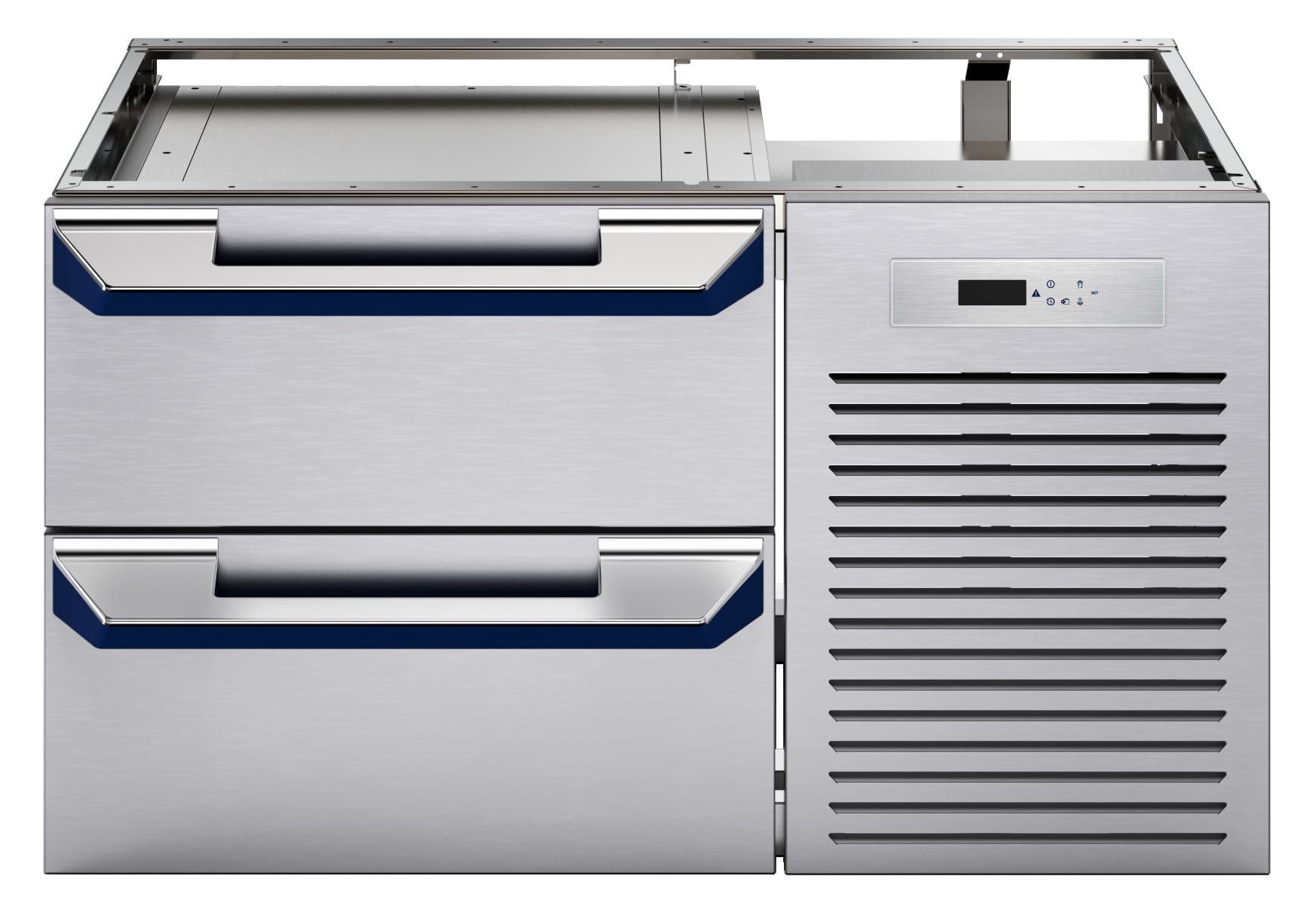 Kjøle-/frysebenk 1000mm med 2 stk skuffer, GN tilpasset. Betjent fra en side. Leveres uten bakplate inn mot vegg. Høyde 550mm eks. sokkel – R290 230 V Kok- & Stek 2