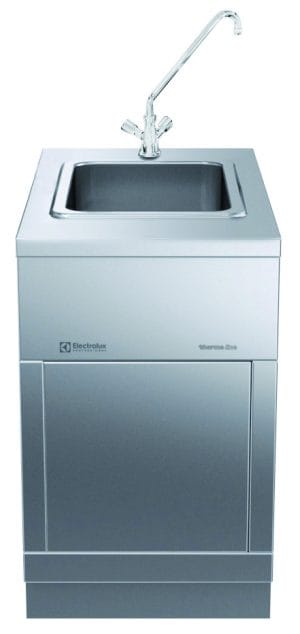 Avlastning med kum og 2-greps blandebatteri på lukket stativ. Betjent fra en side. Høyde 800mm eks. sokkel. Kok- & Stek