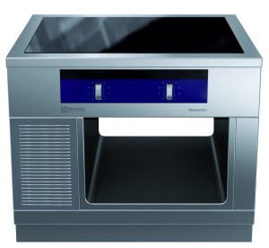 Kokebord (1000mm) med sonefri (4 soner) induksjonstopp, på åpent stativ – H2. Betjent fra 2 sider. Høyde 800mm eks. sokkel. 400 V Kok- & Stek