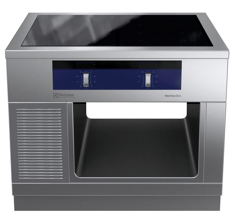 Kokebord (1000mm) med sonefri (4 soner) induksjonstopp, på åpent stativ – H2. Betjent fra 2 sider. Høyde 800mm eks. sokkel. 400 V Kok- & Stek 2