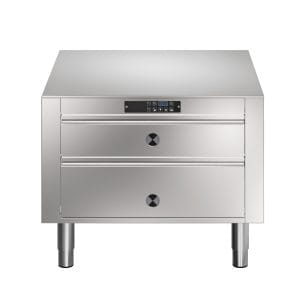 Varmeskap 800mm med 2 stk skuffer, GN tilpasset. Betjent fra en side. Leveres uten bakplate inn mot vegg. Høyde 450mm eks. sokkel. 230 V Kok- & Stek