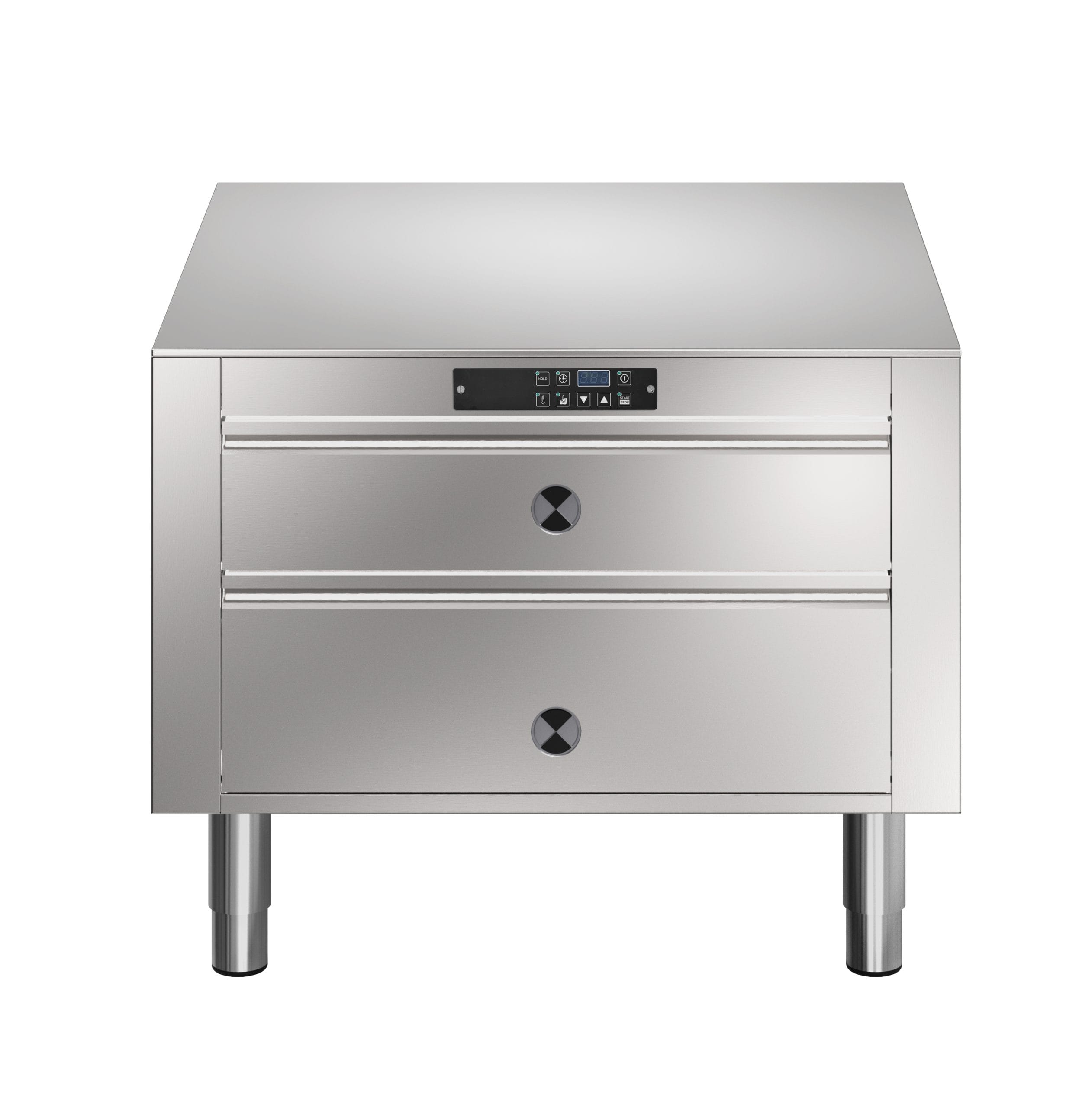 Varmeskap 800mm med 2 stk skuffer, GN tilpasset. Betjent fra en side. Leveres uten bakplate inn mot vegg. Høyde 450mm eks. sokkel. 230 V Kok- & Stek 2