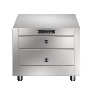 Varmeskap 800mm med 2 stk skuffer, GN tilpasset. Betjent fra en side. Leveres uten bakplate inn mot vegg. Høyde 550mm eks. sokkel. 230 V Kok- & Stek