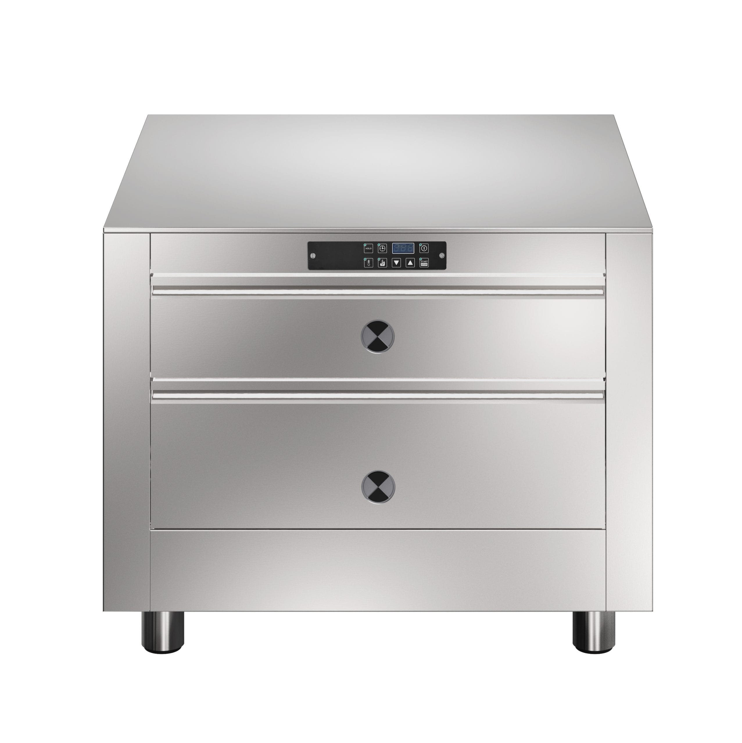 Varmeskap 800mm med 2 stk skuffer, GN tilpasset. Betjent fra en side. Leveres uten bakplate inn mot vegg. Høyde 550mm eks. sokkel. 230 V Kok- & Stek 2