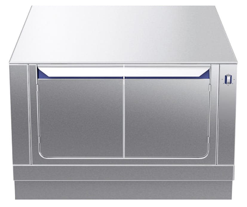 Varmeskap 800mm GN tilpasset. Betjent fra en side. Leveres uten bakplate inn mot vegg. Høyde 550mm eks. sokkel. 400 V Kok- & Stek 2