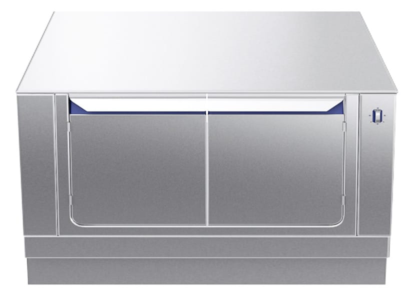 Varmeskap 1000mm GN tilpasset. Betjent fra en side. Leveres uten bakplate inn mot vegg. Høyde 450mm eks. sokkel. 400 V Kok- & Stek 2