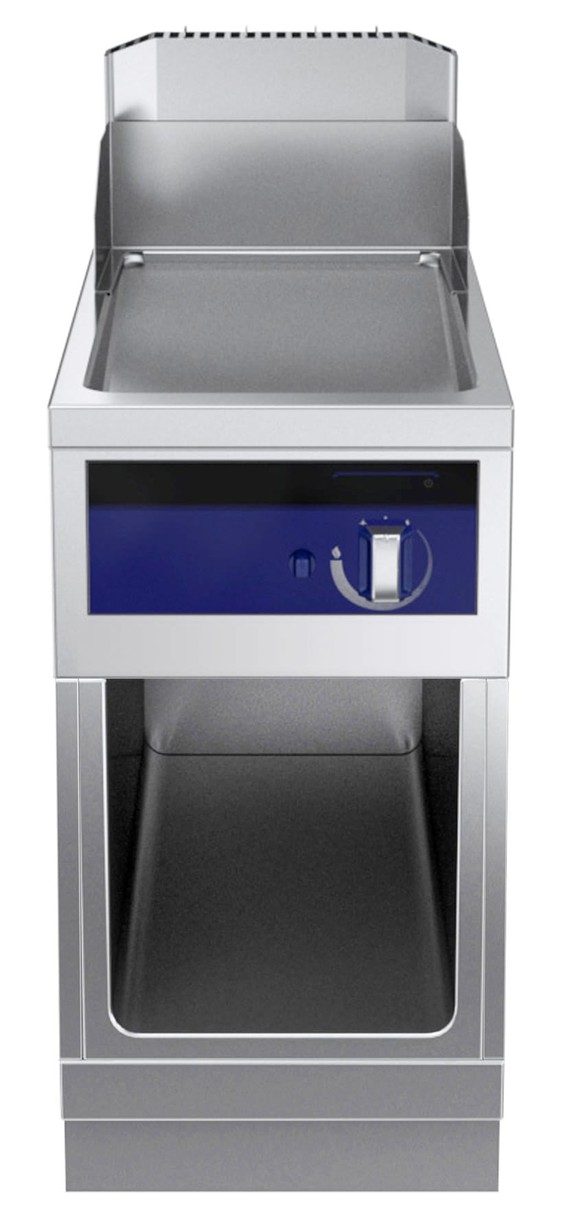 Gass flatgrill i krom. Betjent fra en side. 400mm. Høyde 800mm eks.sokkel. Kok- & Stek 2