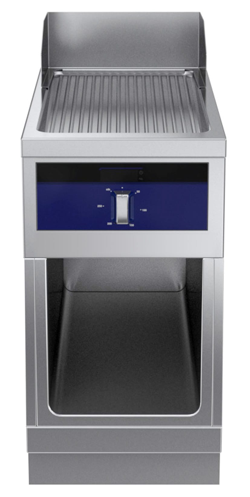 Flatgrill med riflet plate i  krom. Betjent fra en side. 400mm. Høyde 700mm eks. sokkel. 400 V Kok- & Stek 2