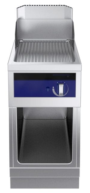 Gass flatgrill med riflet plate i krom. Betjent fra en side. 400mm. Høyde 700mm eks.sokkel. Kok- & Stek