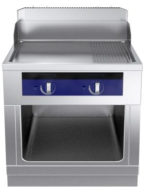 Gass flatgrill med 2/3 slett og 1/3 riflet plate i  krom. Betjent fra en side. 800mm. Høyde 700mm eks. sokkel. Kok- & Stek