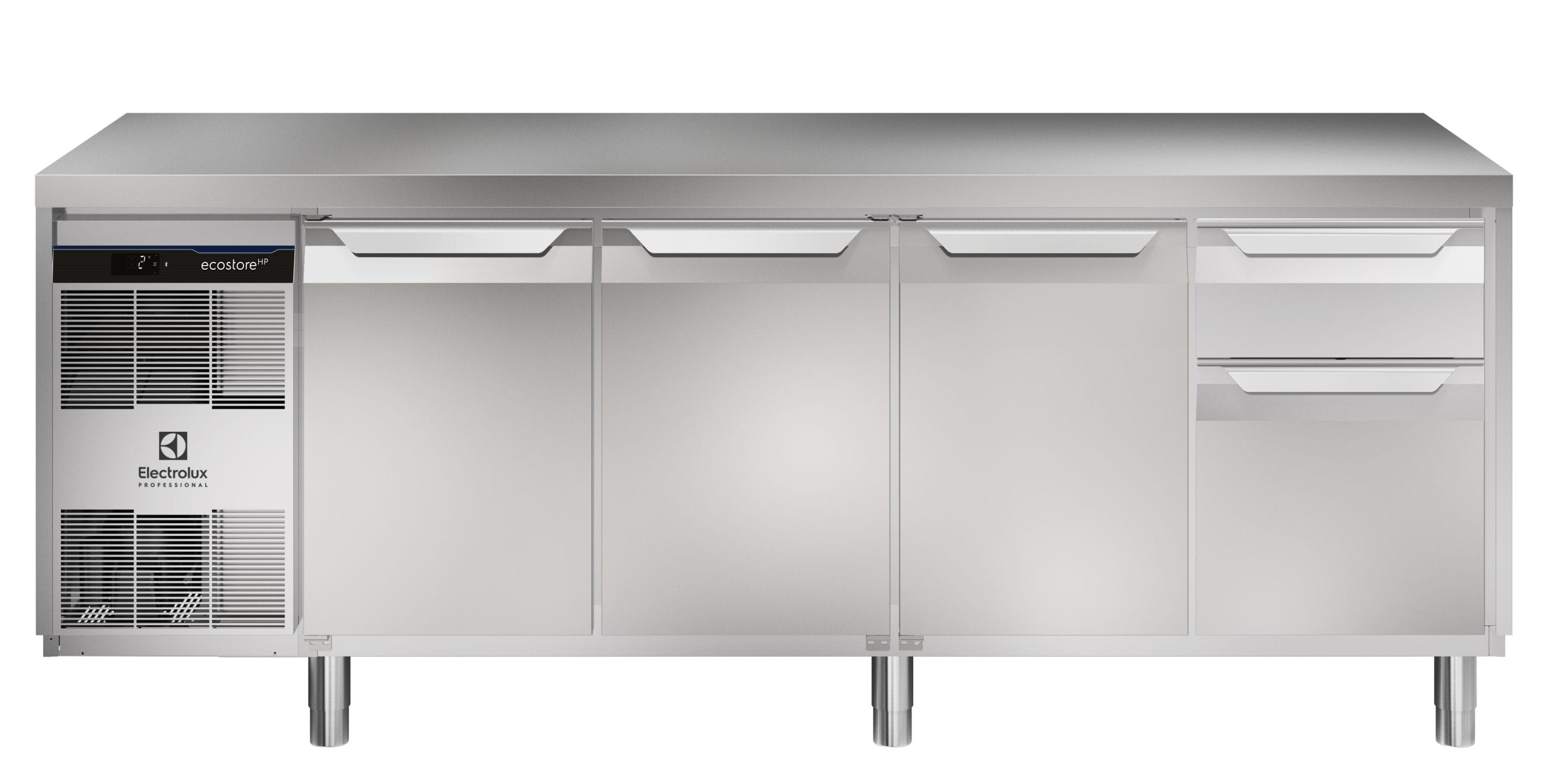 Kjølebenk Ecostore HP 3 dører, 2x (1 x 1/3 + 1 x 2/3) skuffer. -2+10°C, Glatt topp, 590 ltr, 230v Kjøl og frys 2
