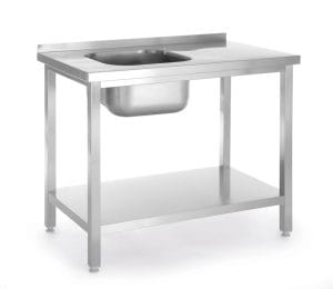 Rustfritt benk med 1 oppvaskkum og 1 hylle – skrudd, dybde: 600 mm, Budget Line, venstre, 800x600x(H)850mm Hygiene & Lagring