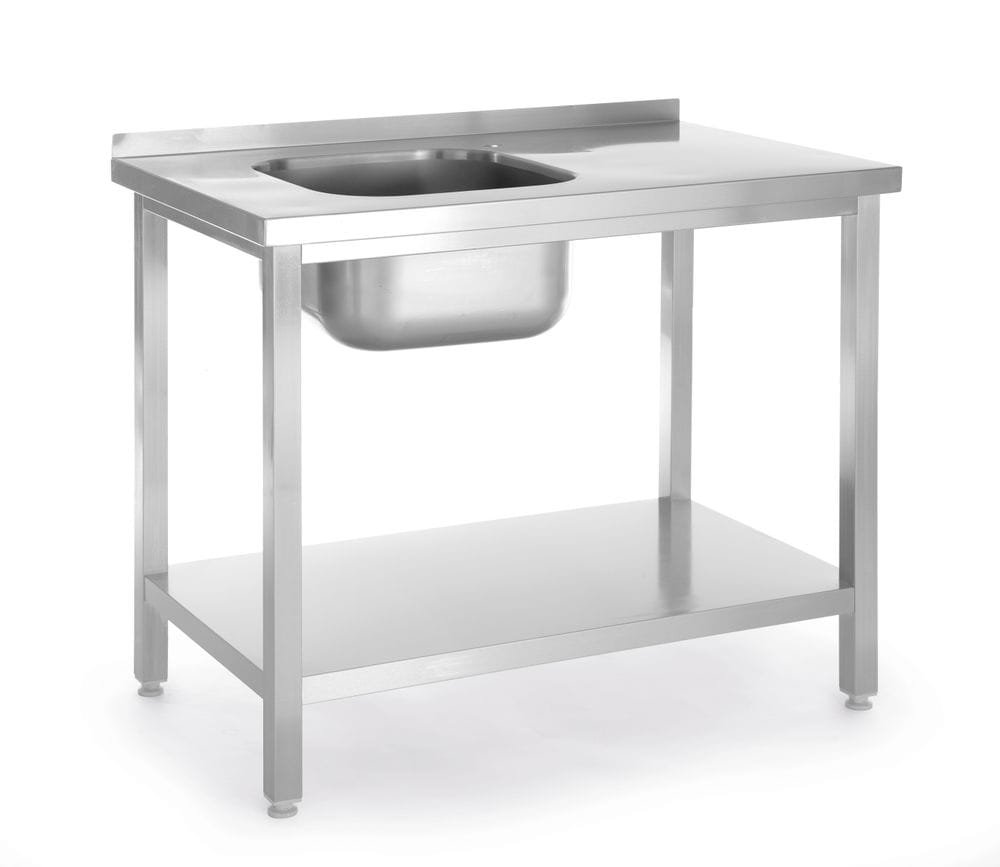 Rustfritt benk med 1 oppvaskkum og 1 hylle – skrudd, dybde: 600 mm, Budget Line, venstre, 800x600x(H)850mm Hygiene & Lagring 2