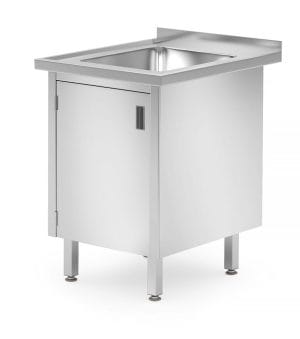 Rustfri oppvaskbenk med hengslet dørskap – sveiset, 1 oppvaskkum, dybde: 700 mm.,600x700x(H)850mm. Hygiene & Lagring