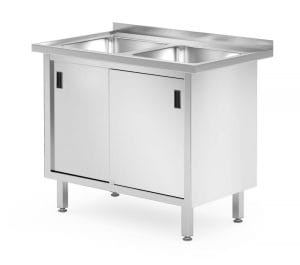Rustfri dobbel oppvaskbenk med skap – sveiset.1000x600x(H)850mm Hygiene & Lagring