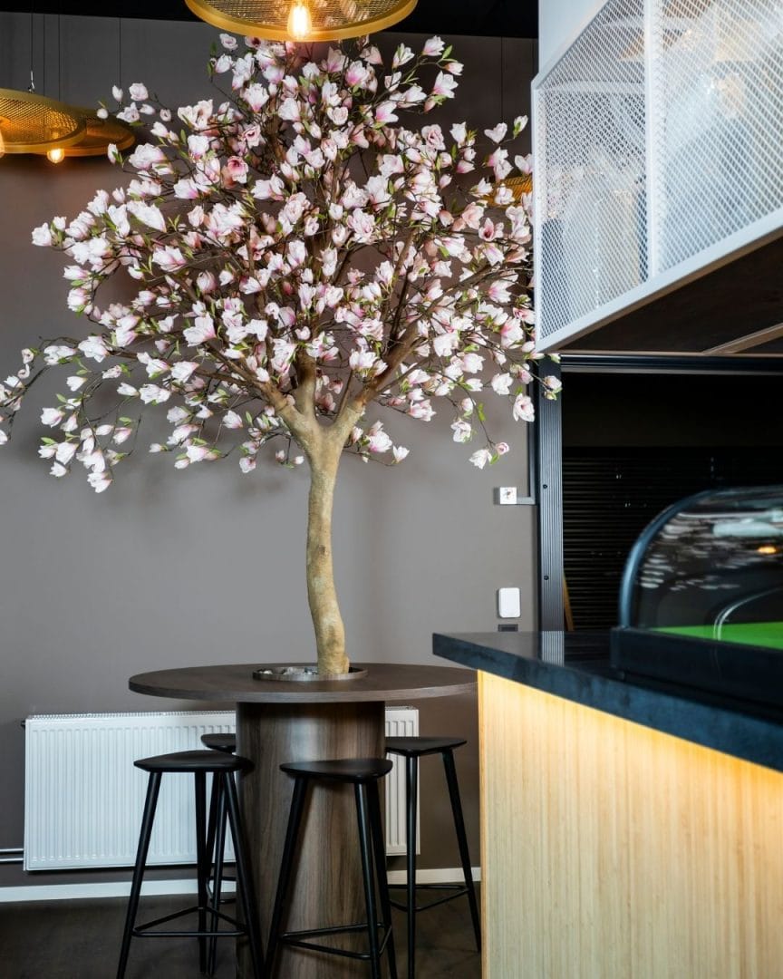 sushi teria kirsebærtre med barbord rundt og barkrakker