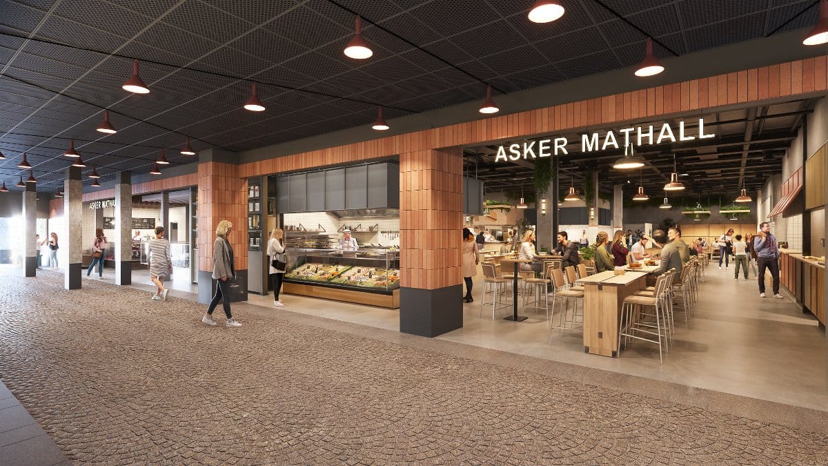 inngang til asker mathall med serveringssteder levert av berg & dahl