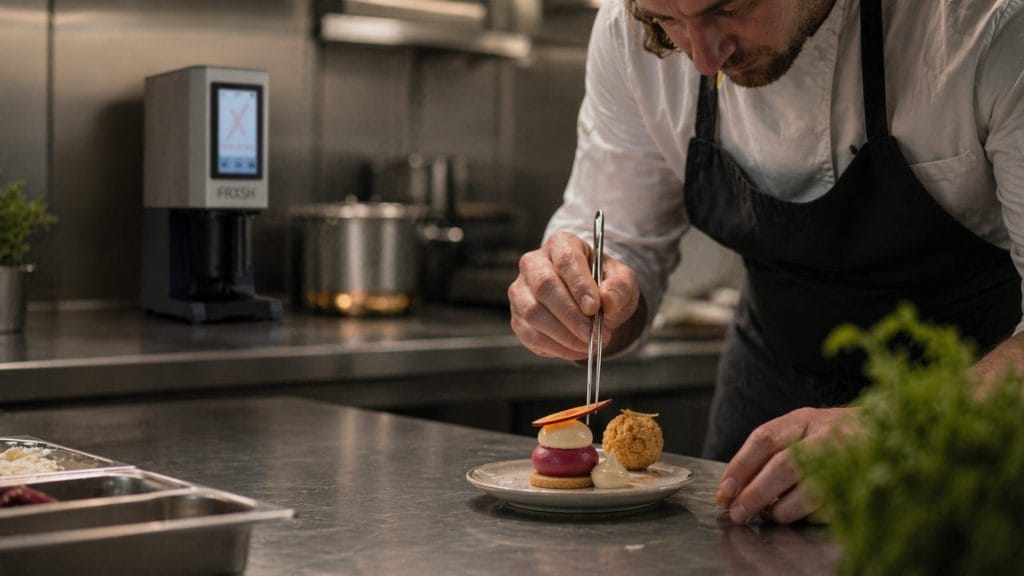 kokk som anretter dessert på storkjøkken med frxsh mousse chef i bakgrunn