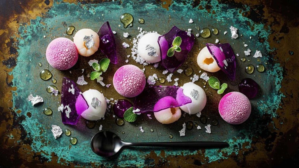 fargerik moderne tilberedning av rett ved restaurant med mousse