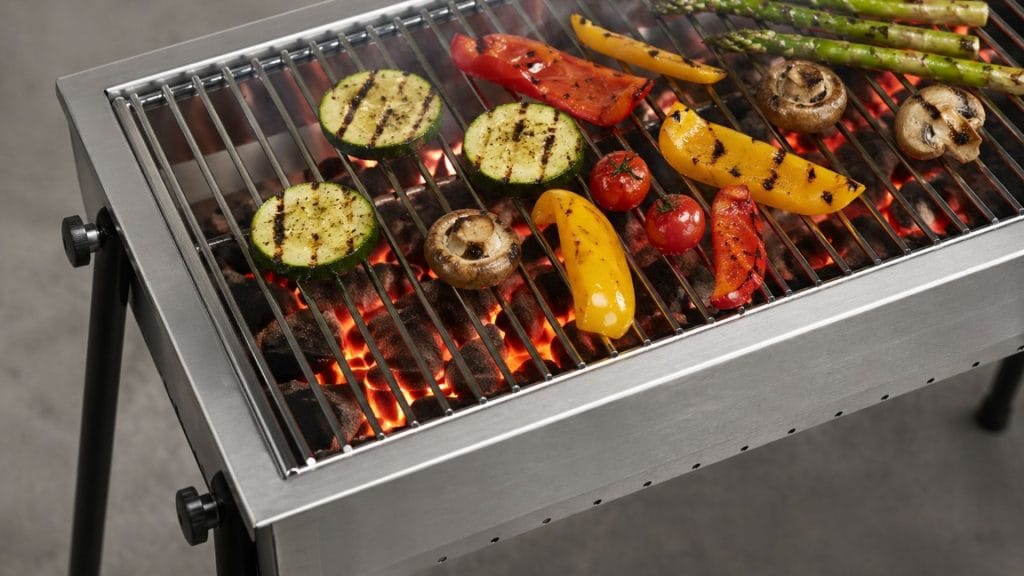 kullgrill fra hendi med grønnsaker på til restaurant