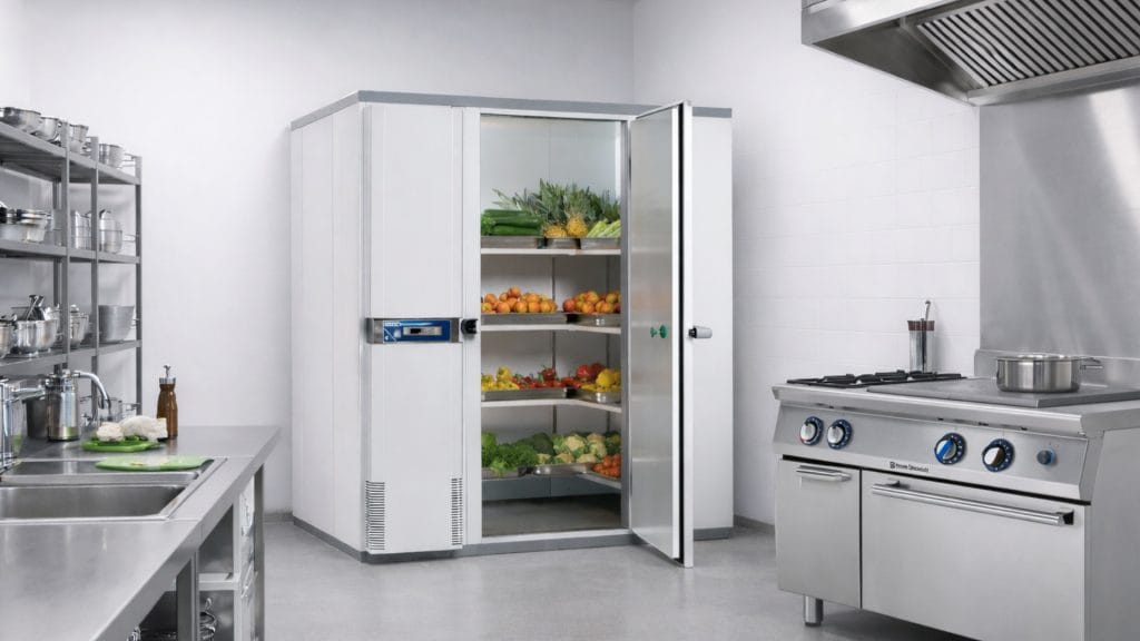 kjølerom på storkjøkken med komfyr fra electrolux professional og rustfri innredning