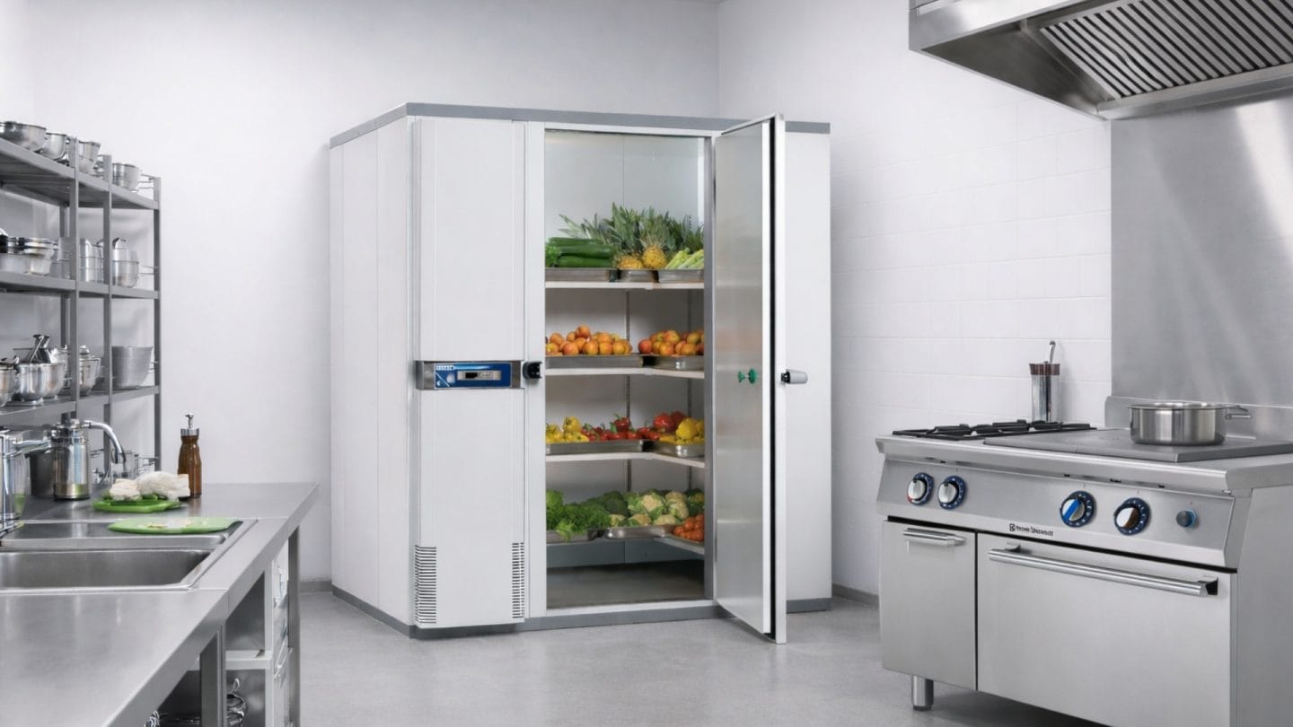 kjølerom på storkjøkken med komfyr fra electrolux professional og rustfri innredning