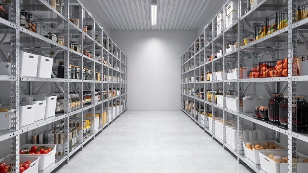 kjølerom med hyllesystemer og masse frukt og råvarer i kasser