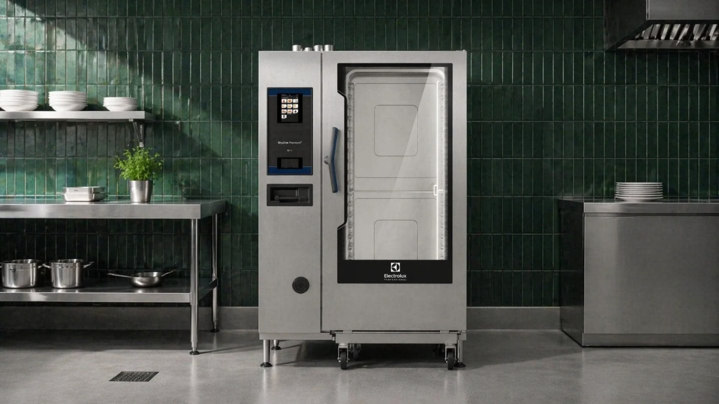 kombidamper på storkjøkken med grønn flislagt vegg og rustfri benk