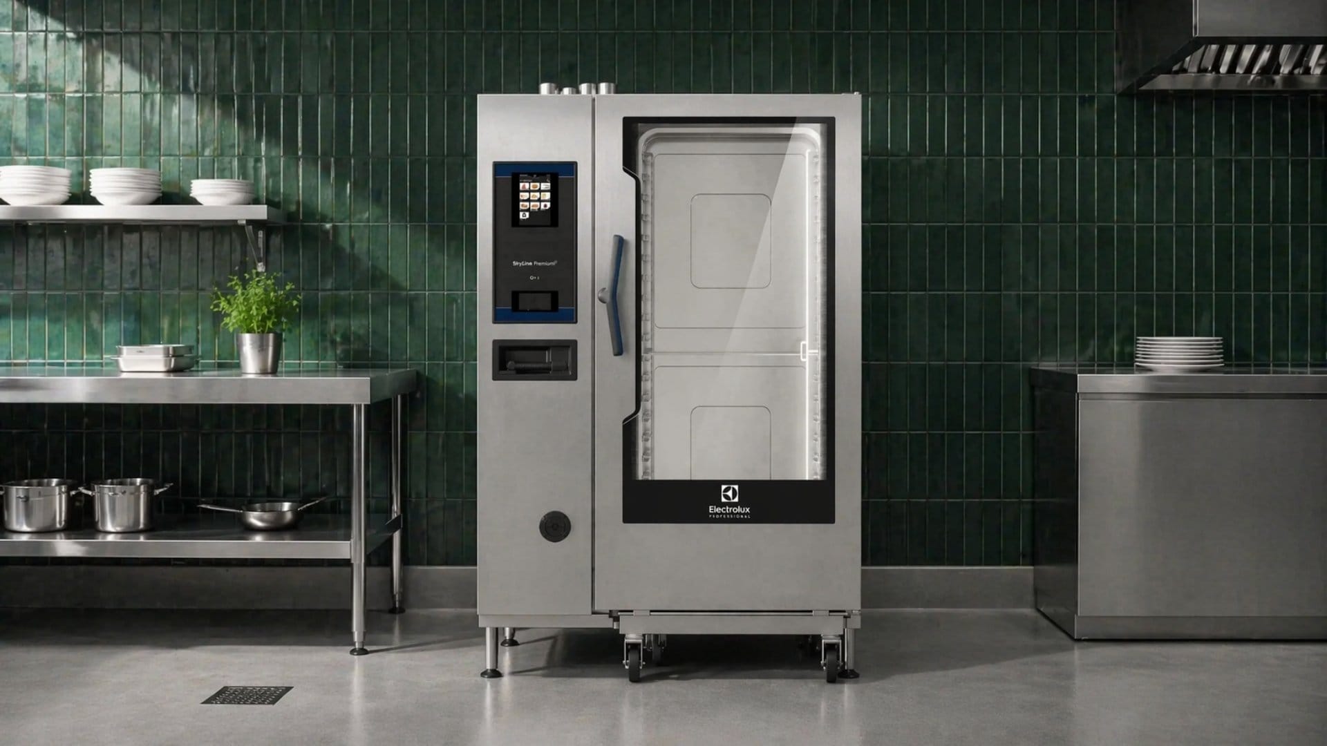 kombidamper på storkjøkken med grønn flislagt vegg og rustfri benk