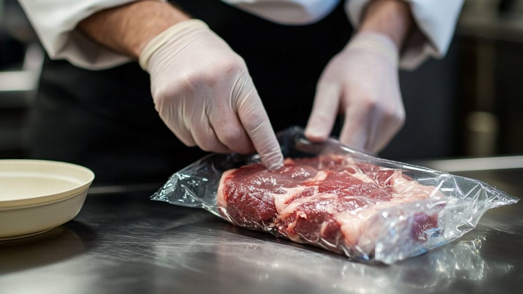 vakuumpakket kjøtt i sous vide kokk på storkjøkken som åpner