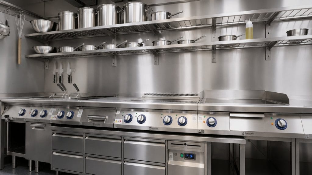 Storkjøkkenet ved Kaikanten i Stavern kokelinje fra Electrolux professional i rustfritt stål og hyller over