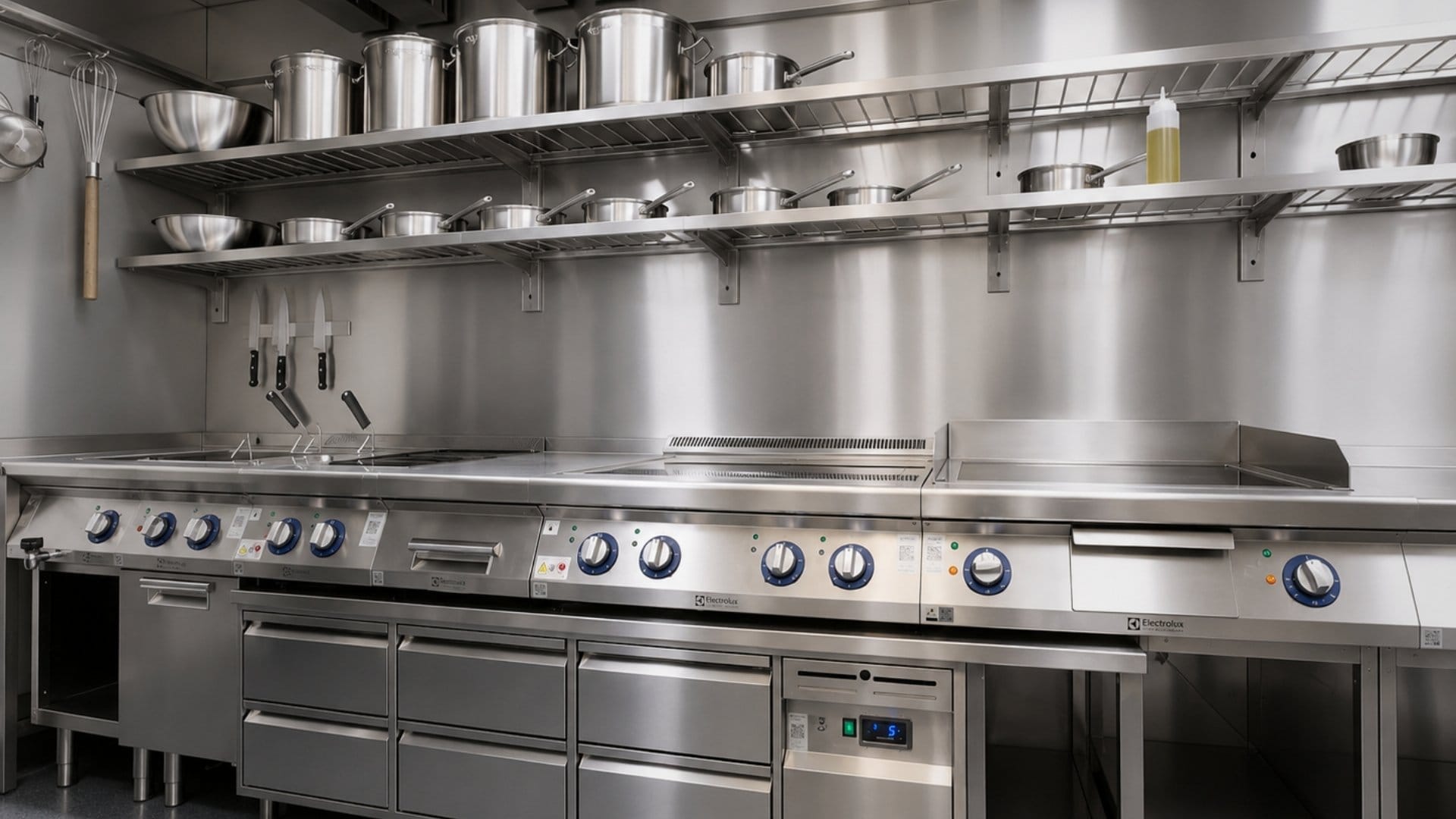 Storkjøkkenet ved Kaikanten i Stavern kokelinje fra Electrolux professional i rustfritt stål og hyller over