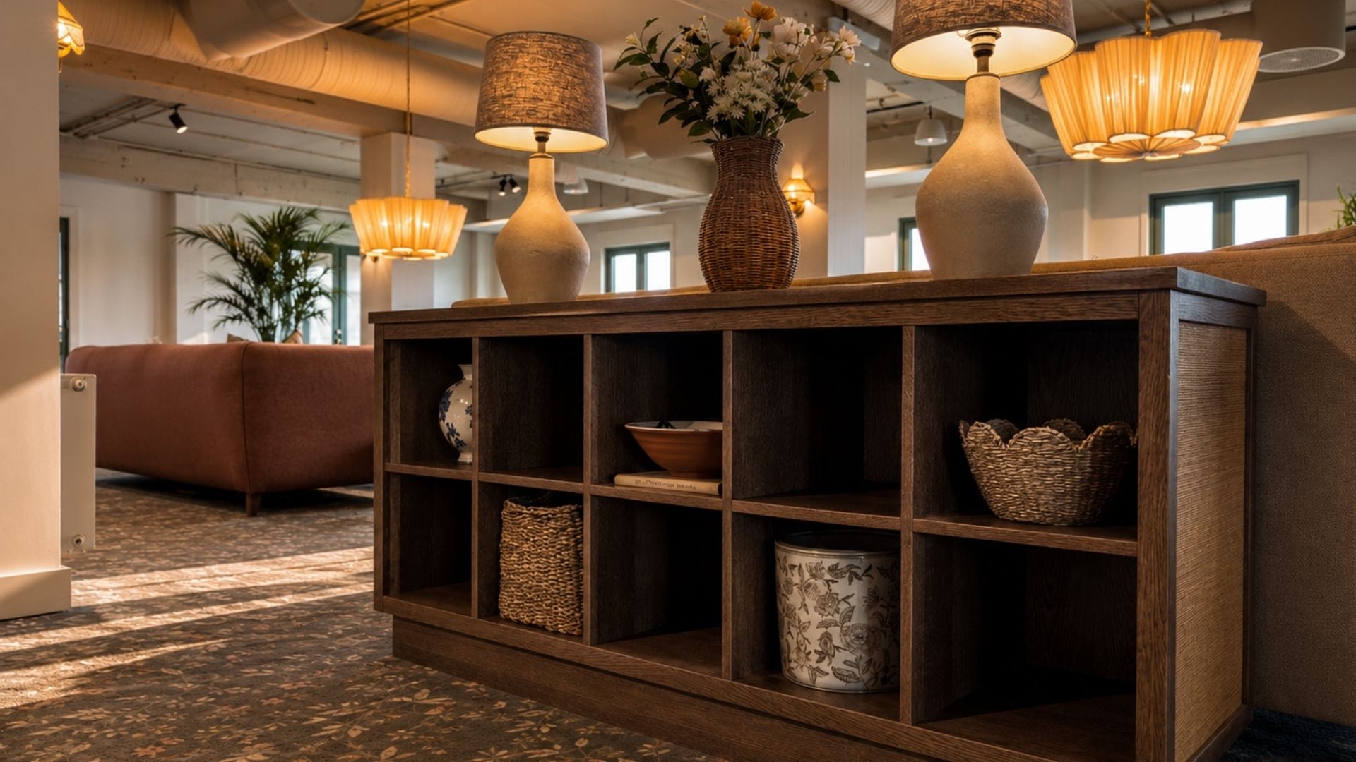 Moderne interiør med lys og planter