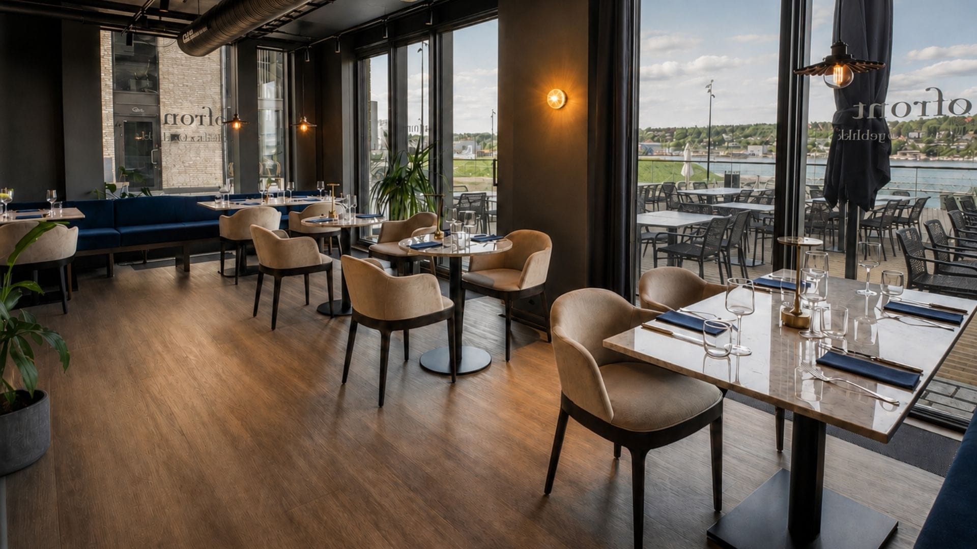 Moderne restaurant med utsikt over vannet