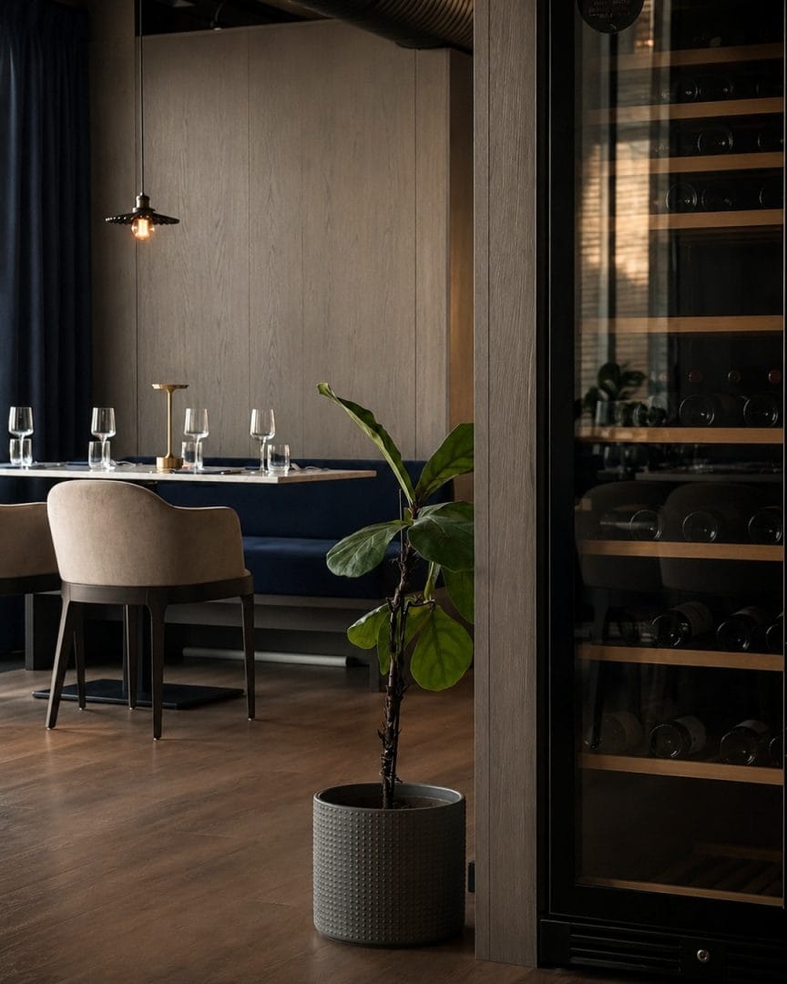 Moderne restaurant med planter og vin