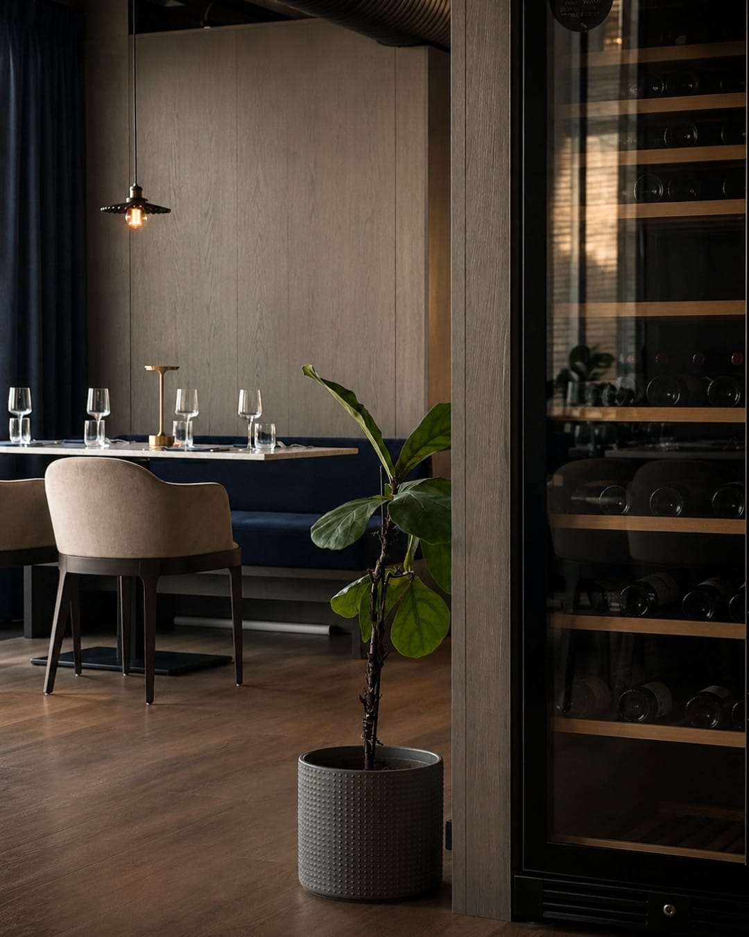 Moderne restaurant med planter og vin