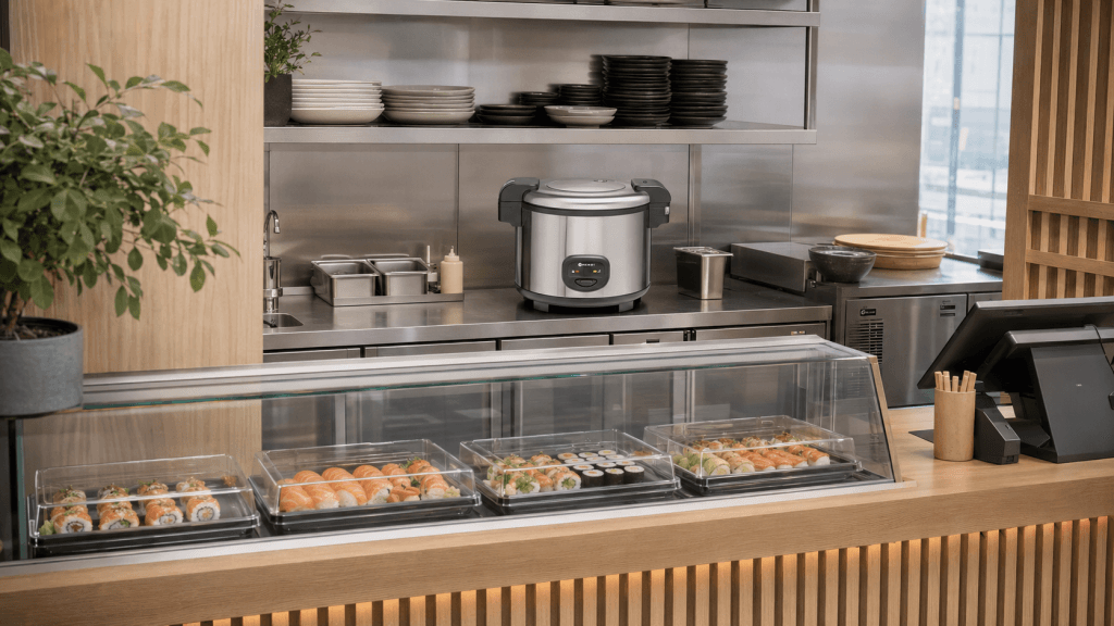 Sushiutvalg i moderne restaurantmiljø.