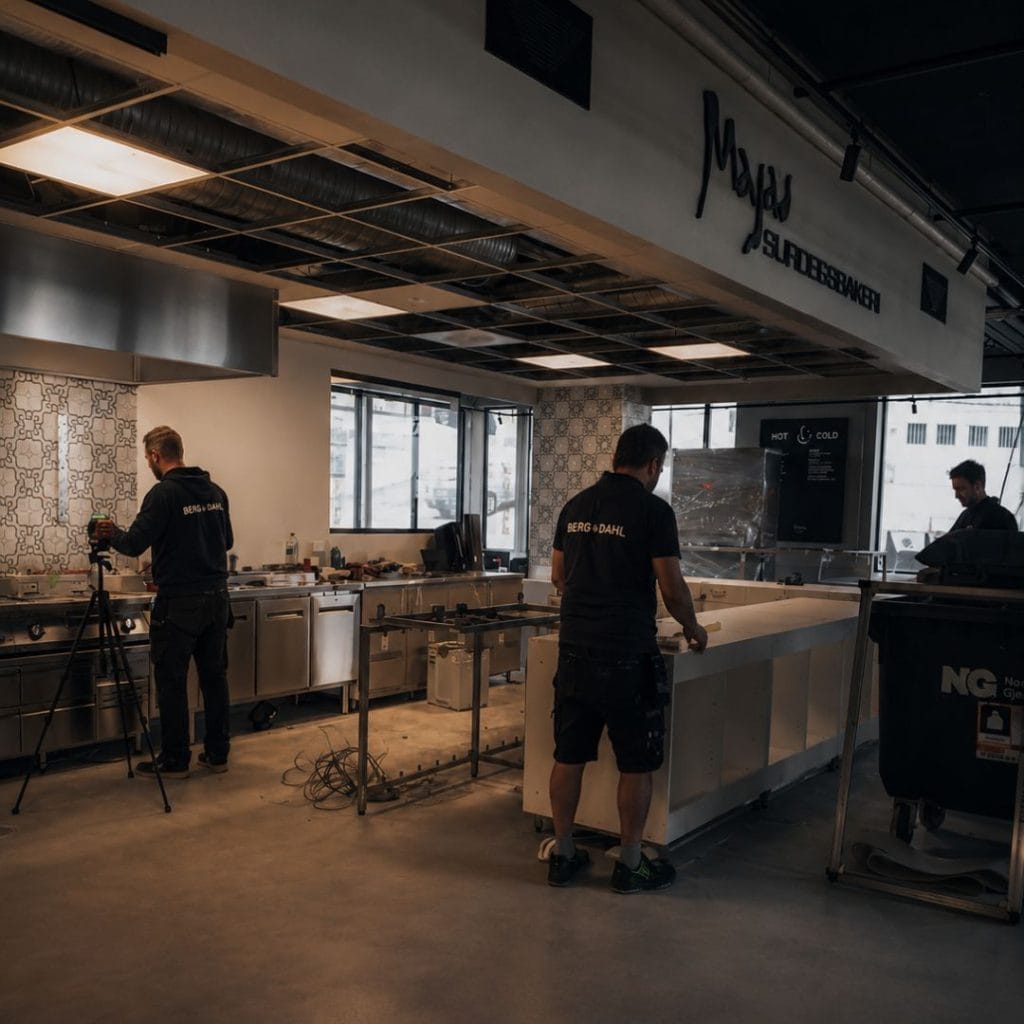 ansatte monterer kafe
