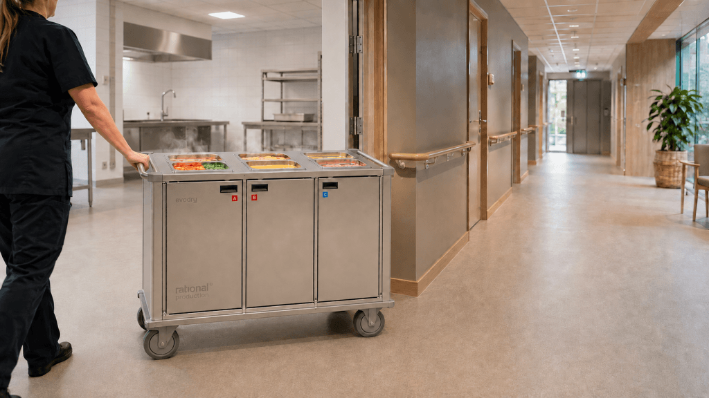 kvinner ruller serveringsvogn på sykehjem