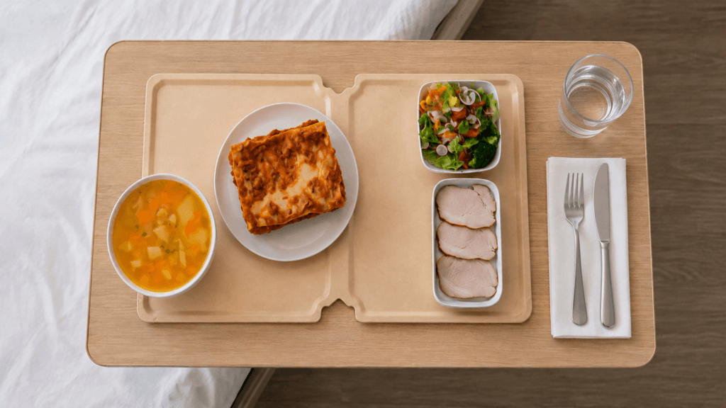 serveringsbrett med middag levert til pasient