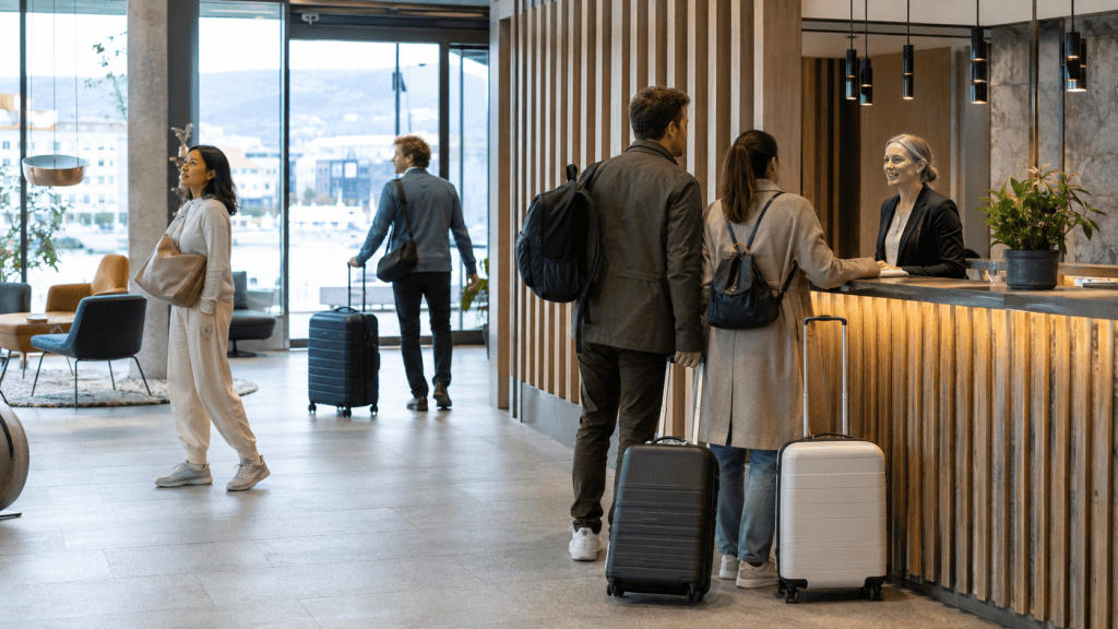 gjester som sjekker inn på hotell