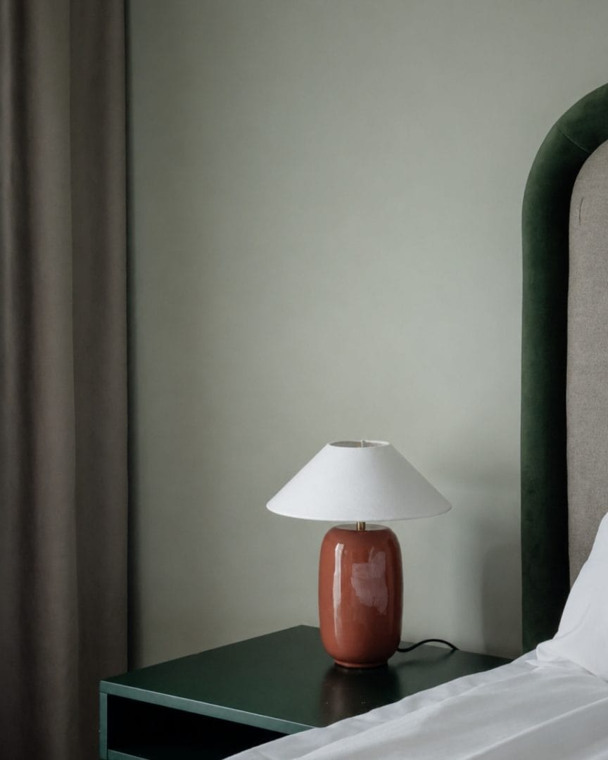 nattbord med lampe ved hotellseng