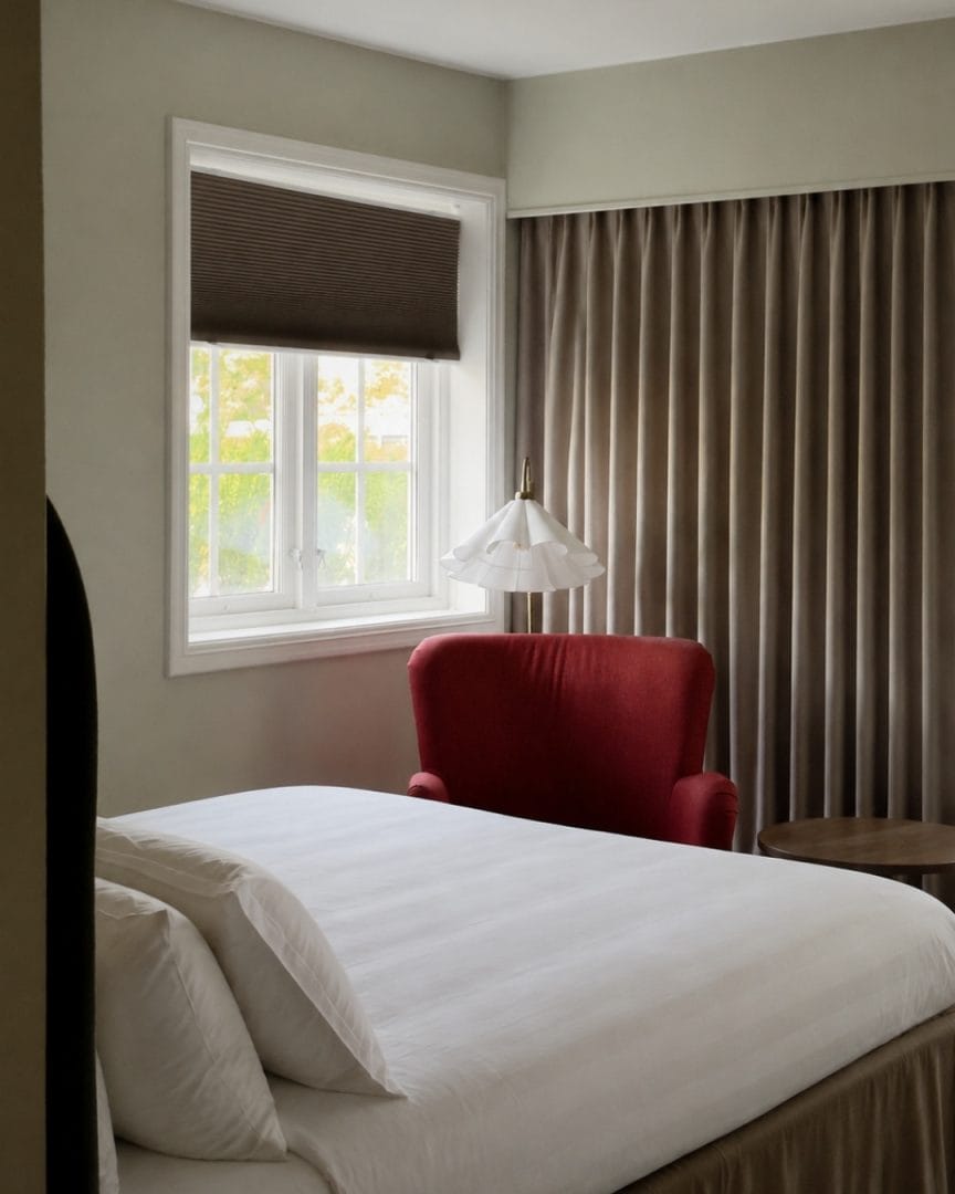 hotellrom med oppredd seng og rød lenestol