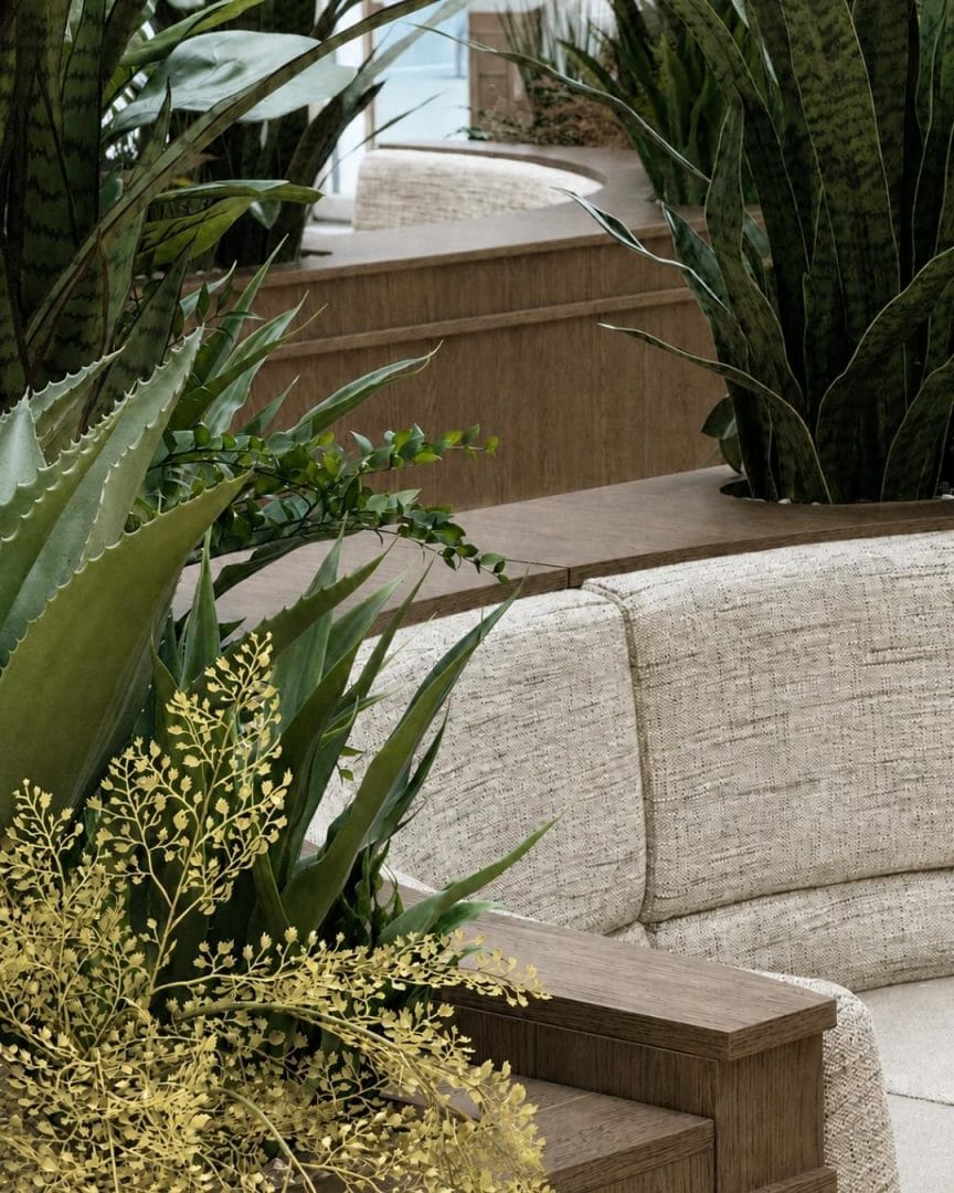 restaurantsofa og planter i kantine