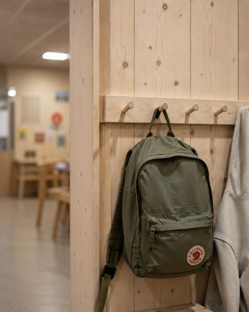 skolesekk på vegg av lyst tre