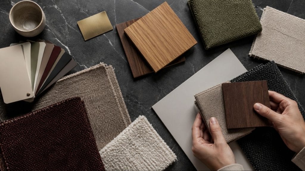 samples av trevirke og tekstiler til restaurant design