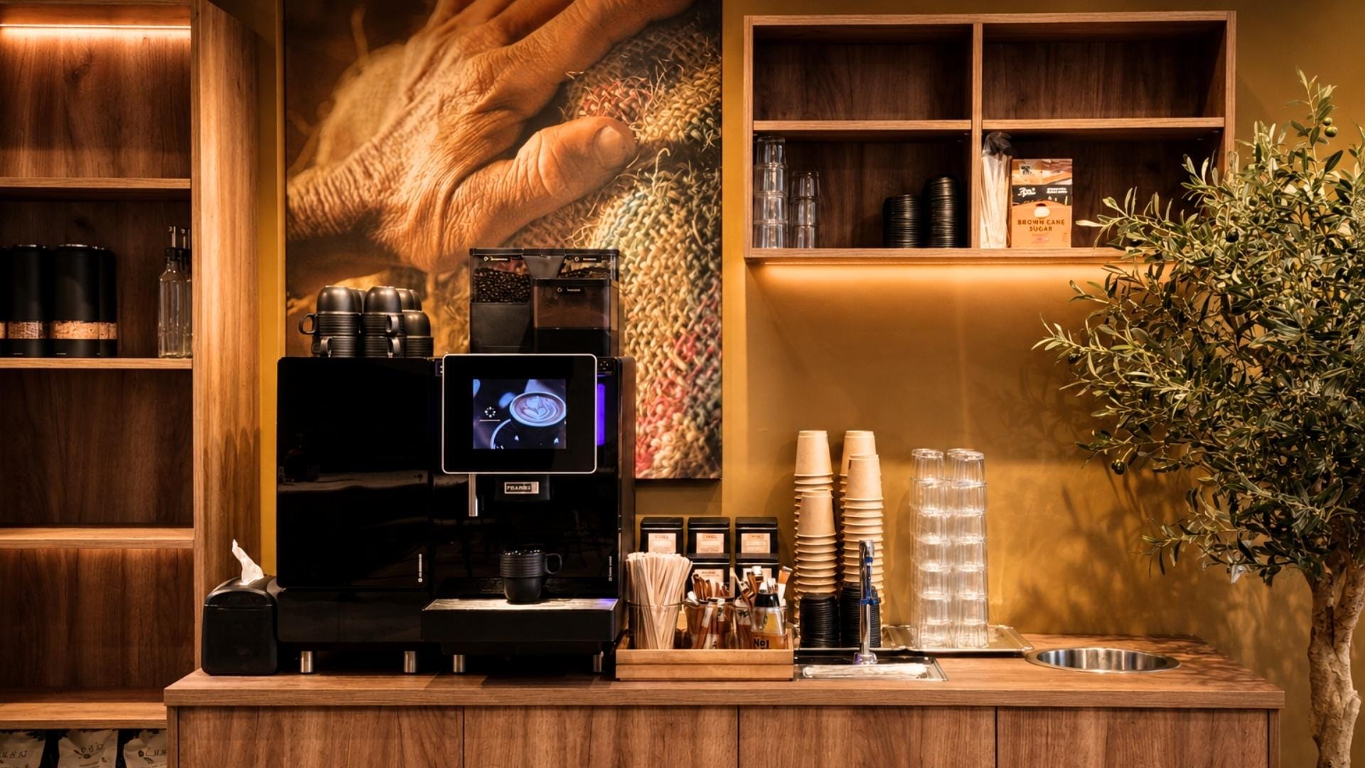 kaffestasjon med hyller og drikkekopper